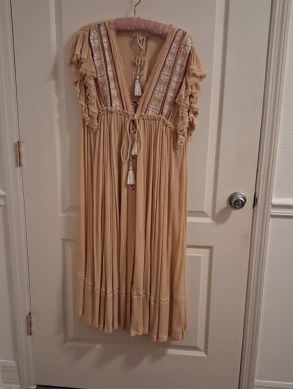 Free People Neutral Beige Embroidered Tassel Maxi Dress
